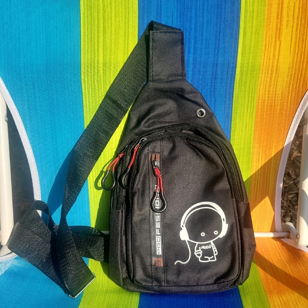 ✨️Portable Black Crossbody Sling Bag with Headphone Graphic